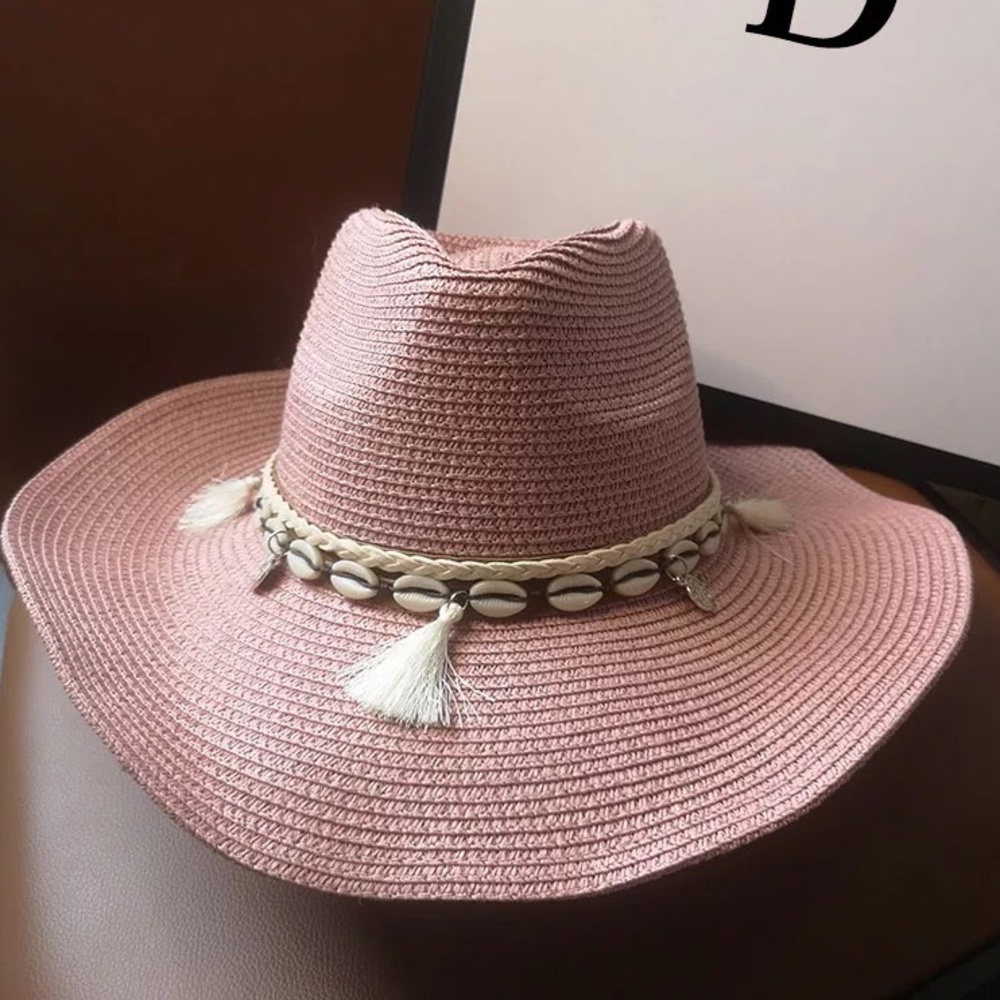Summer Boho Shell Panama Sun Hat In Rose